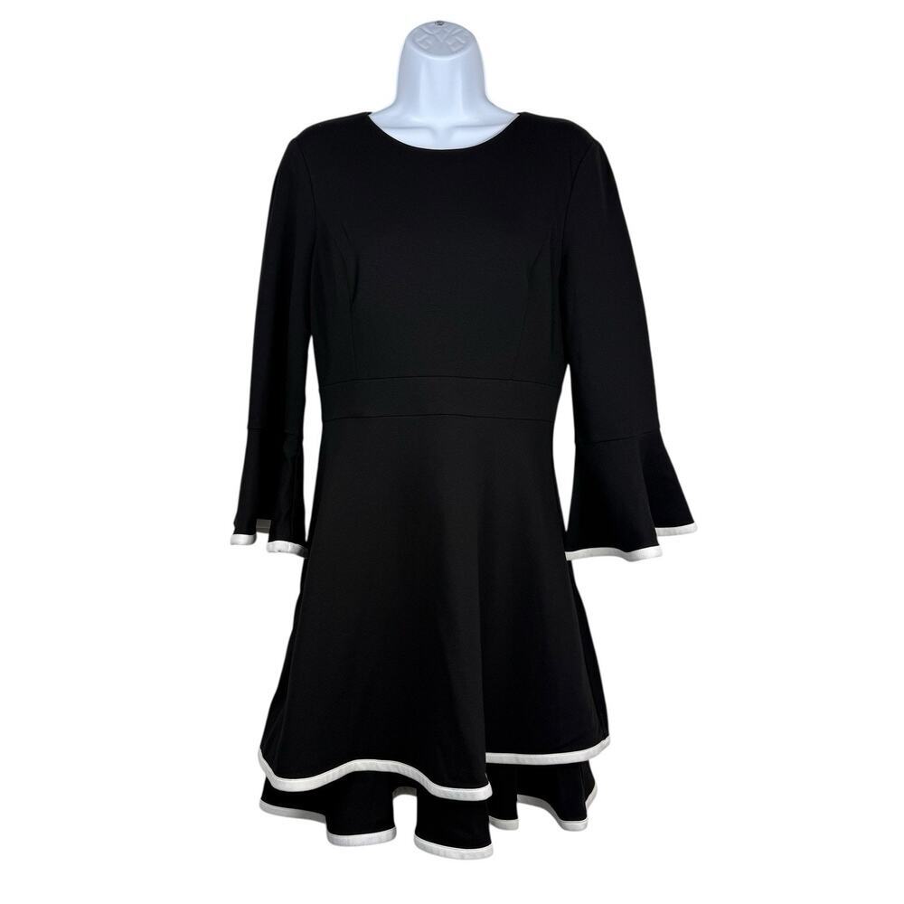 Eliza J Dress Womens 6 Black White Bell Sleeve Ruffled Mini Feminine Romantic - Picture 2 of 14